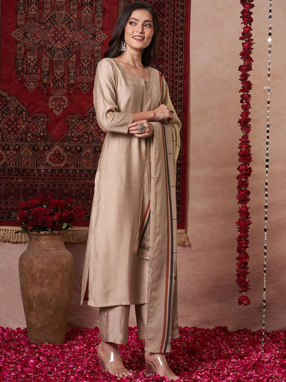 Dhiyona KL Notch Neck Straight Kurta With Palazzos And Dupatta