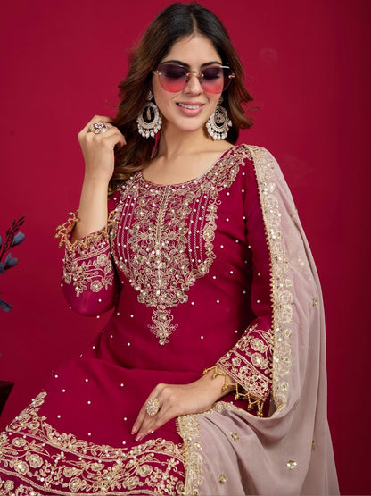 Dhiyona KL Women Ethnic Motifs Embroidered Regular Kurta with Sharara & With Dupatta