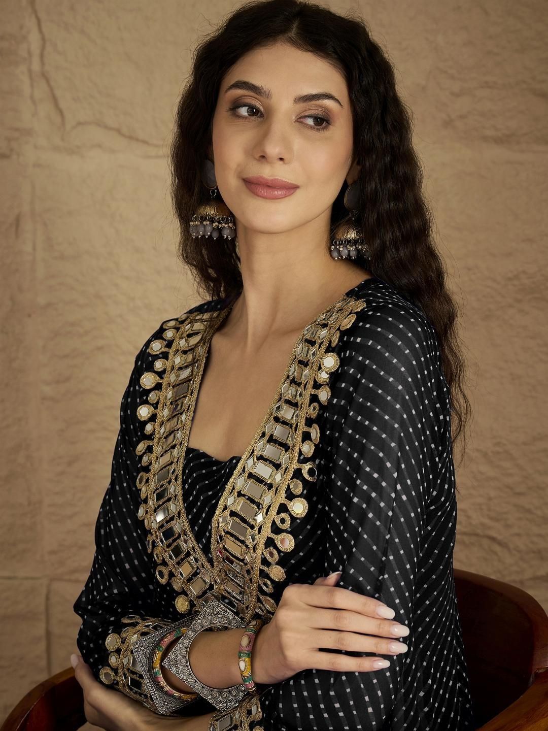 Black Abstract Printed Panelled Square Neck Georgette Straight Kurta With Trousers