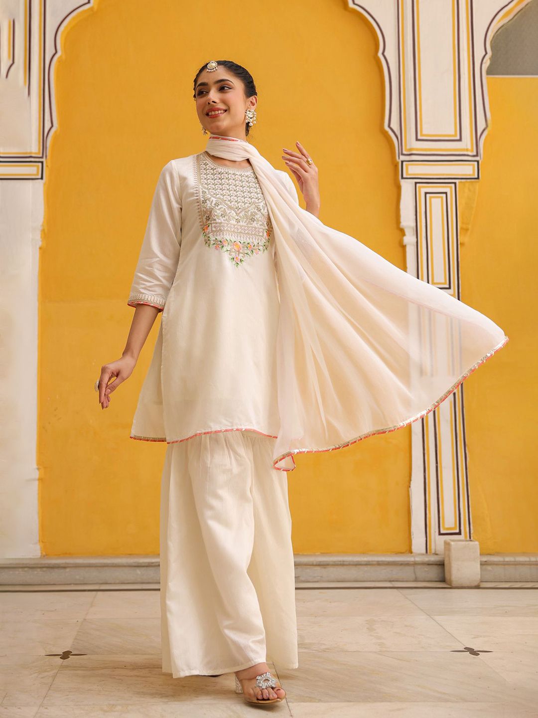Dhiyona SC Women Ivory Chanderi Silk Zari Embroidered Sharara Set