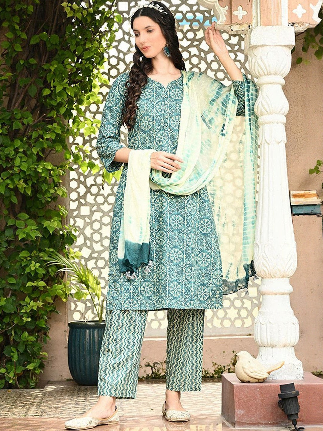 Women Ethnic Motifs Printed Regular Pure Cotton Kurta with Trousers & With Dupatta