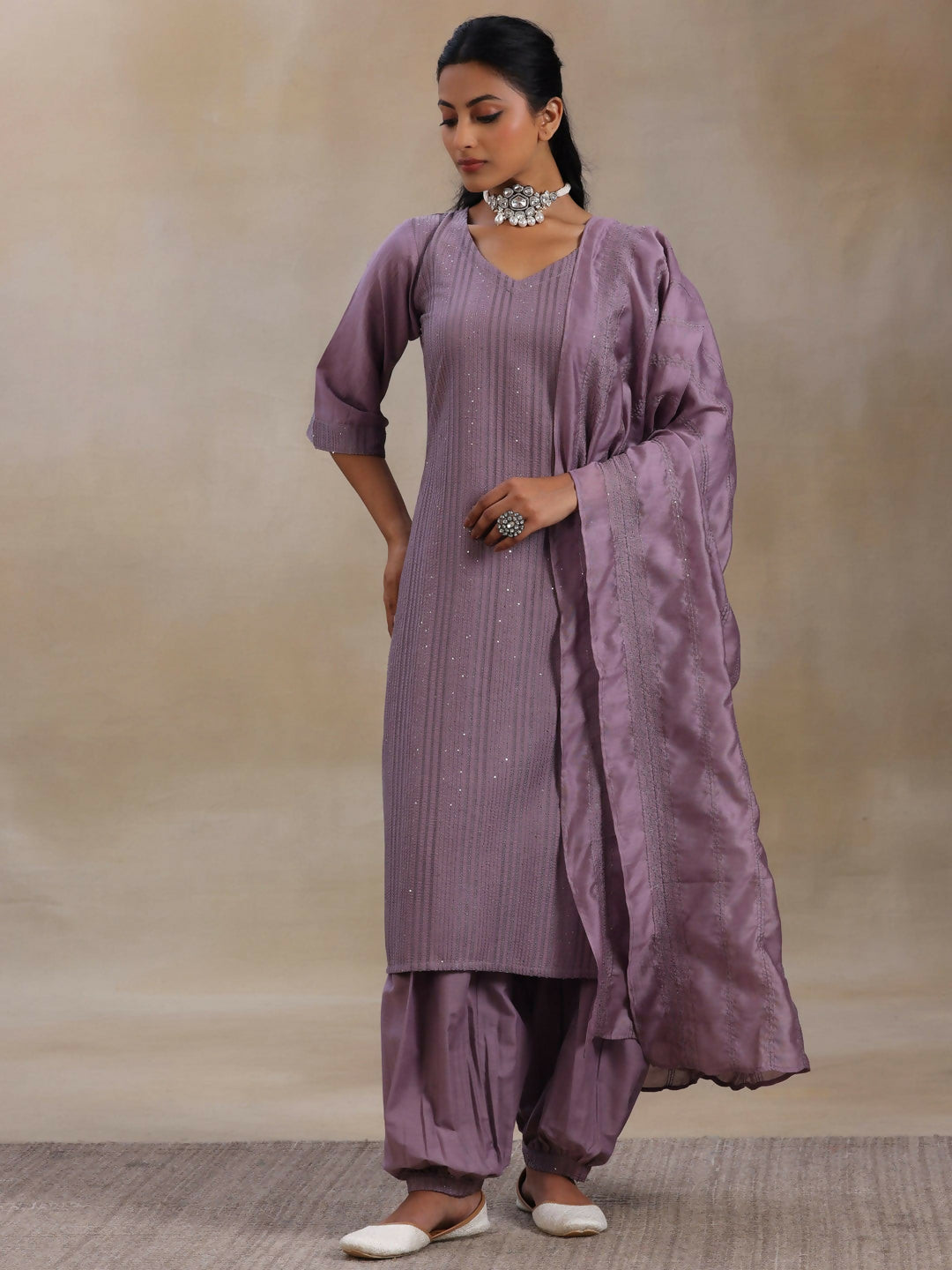 Women's LB Mauve Self Design Silk Blend Straight Suit With Dupatta