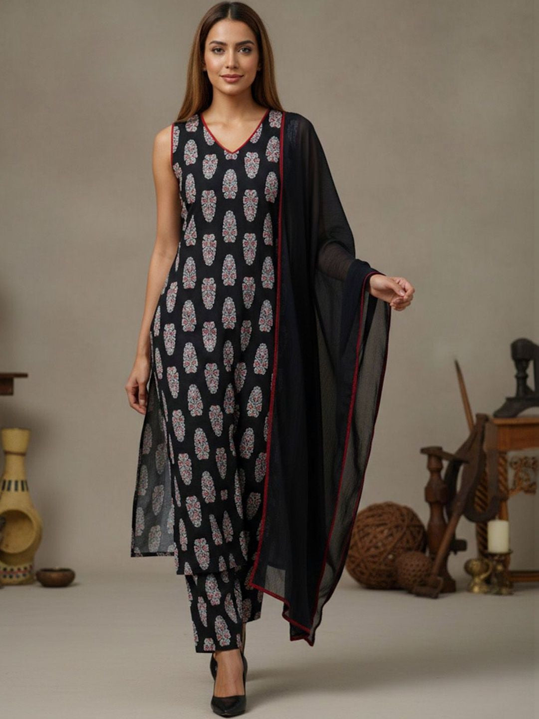 Printed Pure Cotton Round Neck Straight Kurta & Trousers With Dupatta