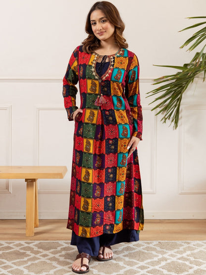 Ethnic Motifs Printed Thread Work Tie-Up Neck Straight Kurta With Palazzos