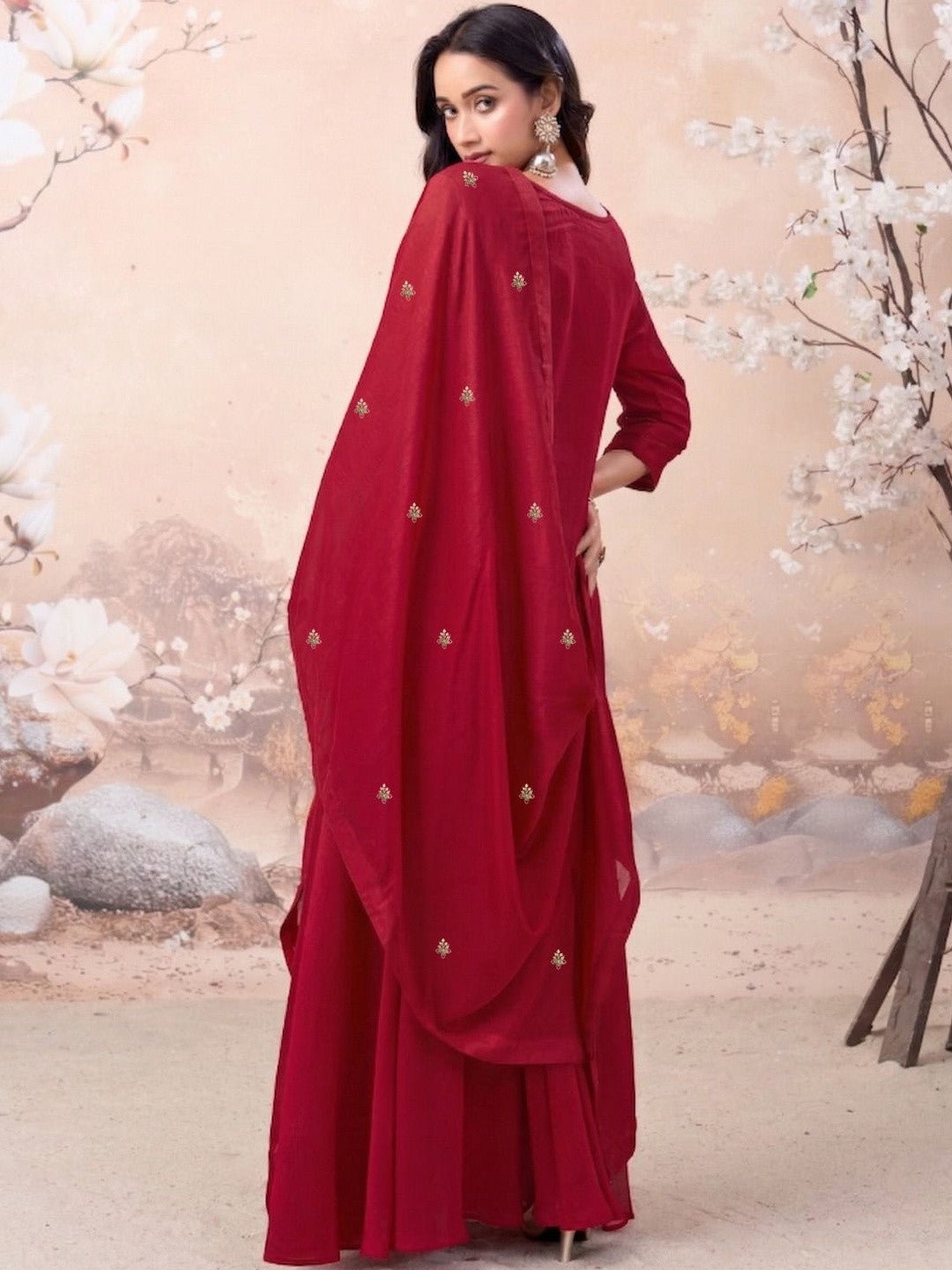 Embroidered Silk Blend Round Neck Kurti & Sharara With Dupatta