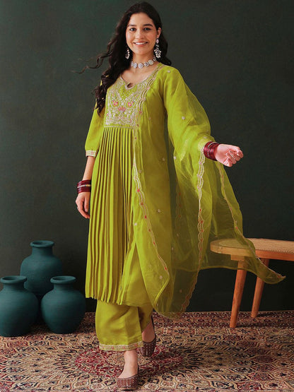 Dhiyona SN Floral Embroidered Pleated Straight Kurta with Trouser & Dupatta