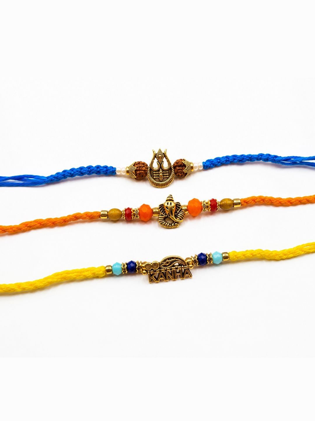 Dhiyona Set Of 3 Rudraksh Religious Rakhi Thread Rakhi Roli Chawal Chandan Mishri