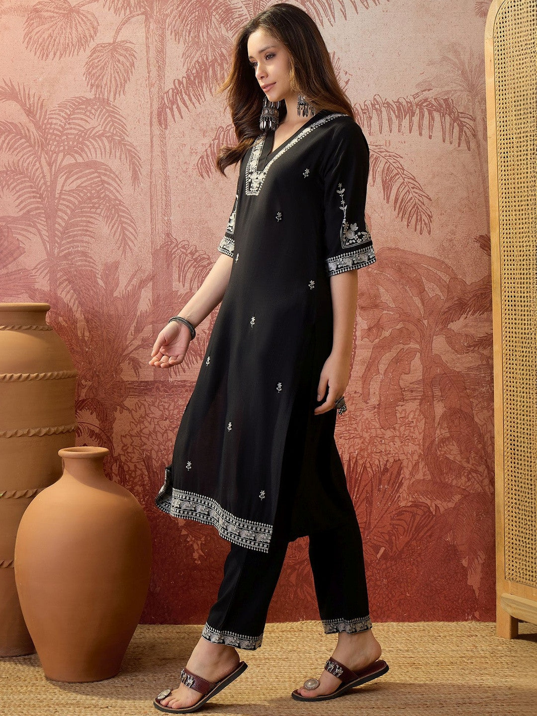 Embroidered V-Neck Kurta & Trousers Kurta Sets