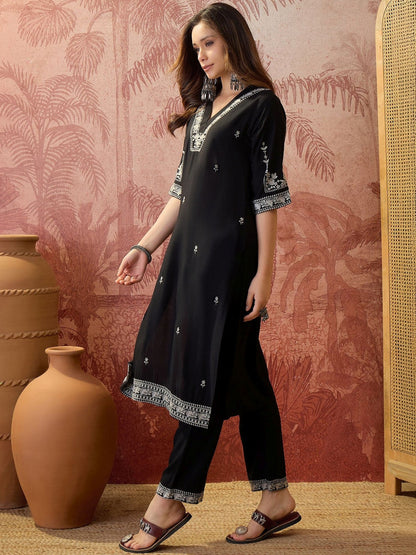 Embroidered V-Neck Kurta & Trousers Kurta Sets