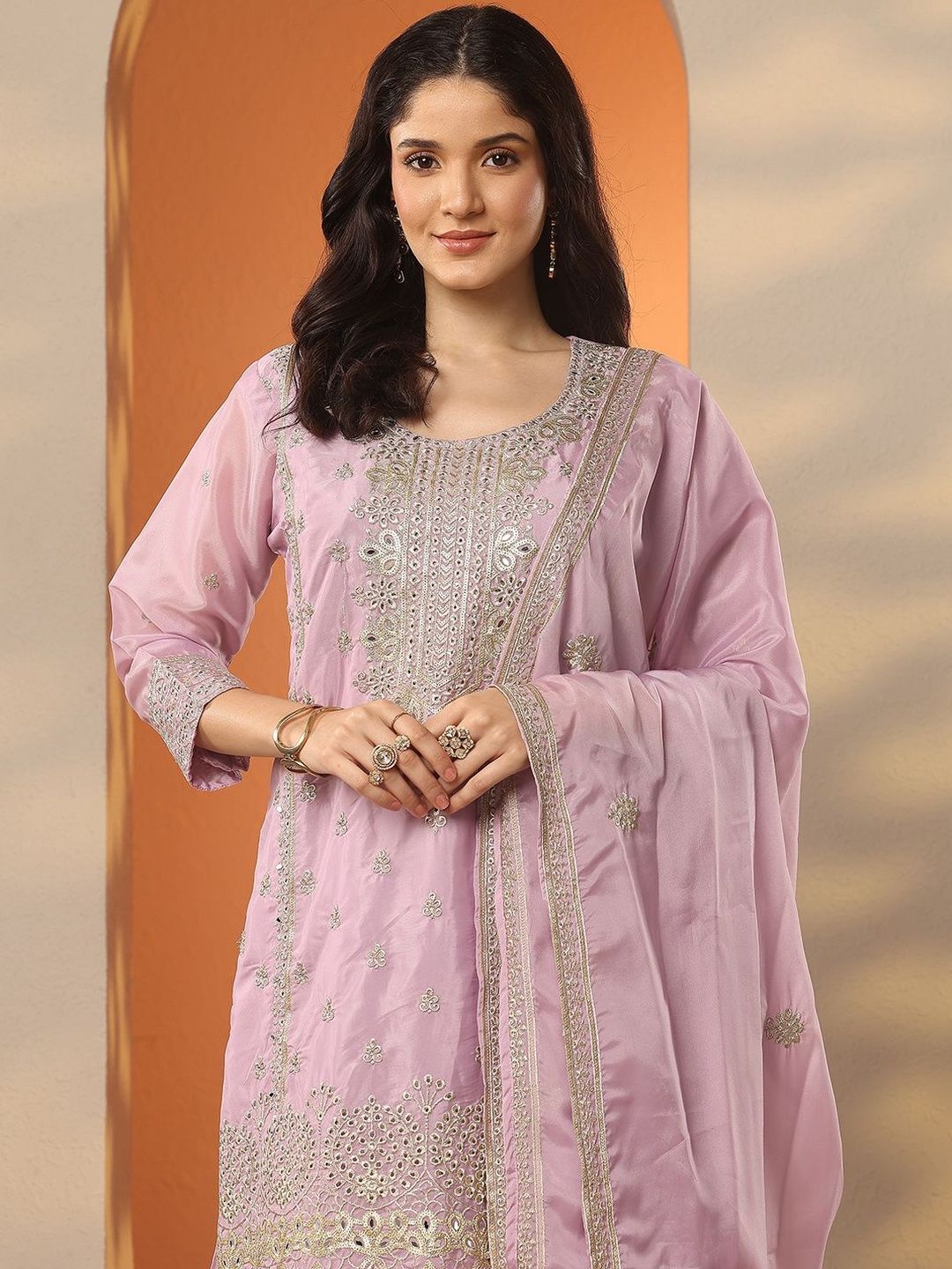 Dhiyona LL Ethnic Motifs Embroidered Organza Straight Kurta With Palazzos & Dupatta