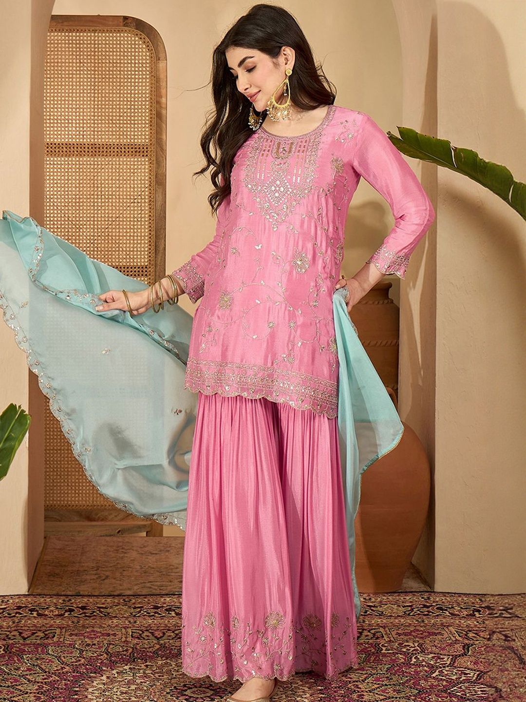 Dhiyona SN Women Ethnic Motifs Embroidered Regular Sequinned Kurta with Sharara & With Dupatta
