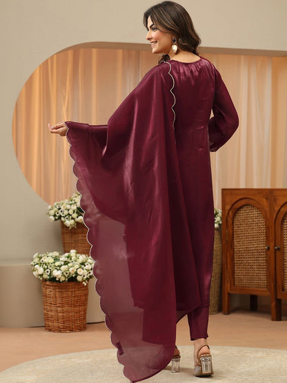 Libas Maroon Yoke Design Tissue Straight Suit Set