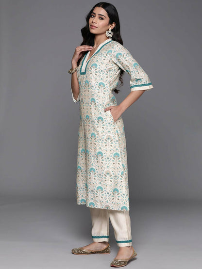 Women's LB Beige Printed Chanderi Silk A-Line Kurta With Palazzos