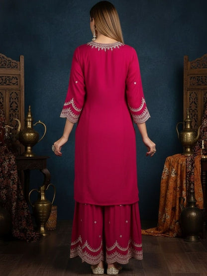 Dhiyona SN Embroidered Round Neck Straight Kurta & Sharara With Dupatta