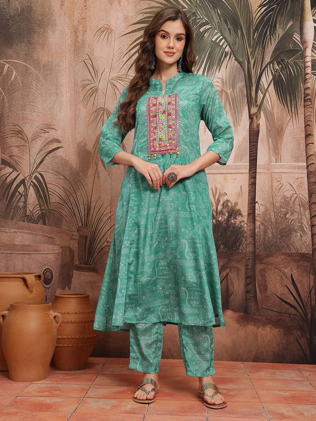 Ethnic Motifs Print Panelled Mirror Work Kurta with Trousers