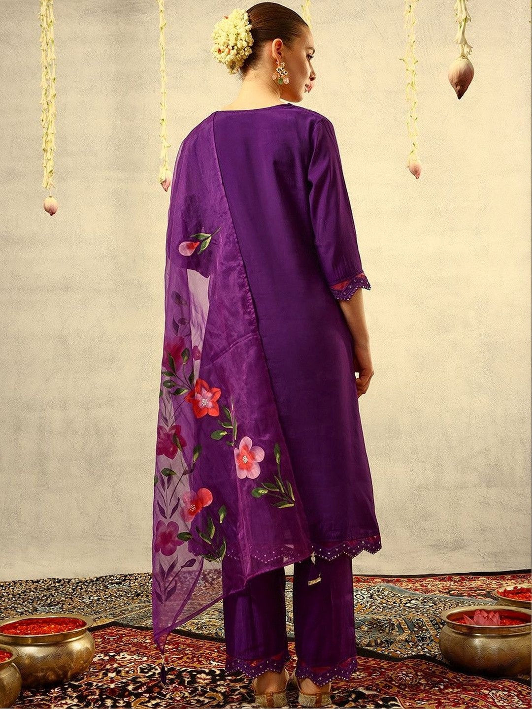 Embroidered V-Neck Kurta & Trousers With Dupatta