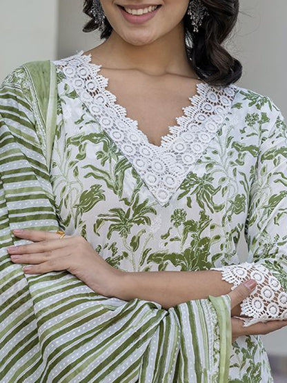Dhiyona KL Floral Printed Straight Pure Cotton Kurta With Trousers & Dupatta