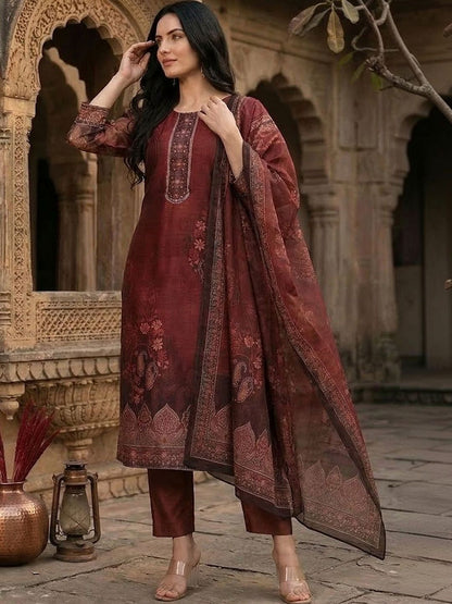 Maroon Floral Printed Sequinned Chanderi Silk Kurta With Trousers & Dupatta