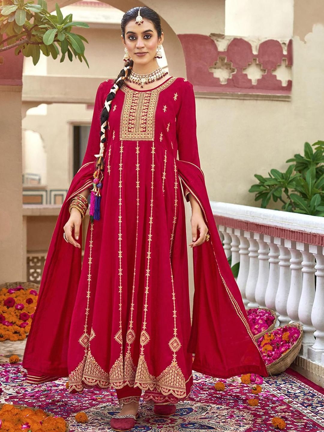 Dhiyona CH Women Woven Design Embroidered Anarkali Kurta with Trousers & Dupatta
