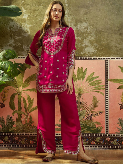 Embroidered Round Neck Kurta & Palazzos Kurta Set