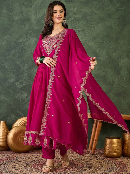Embroidered V-Neck Kurta Trousers & Dupatta