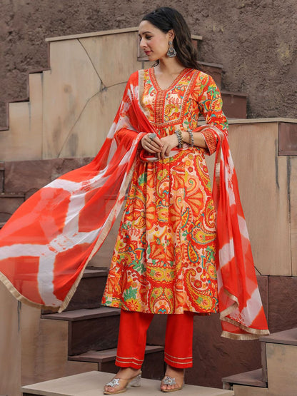 Dhiyona RR Women's Printed Gotta Patti Pure Cotton A-Line Kurta with Trousers & Dupatta