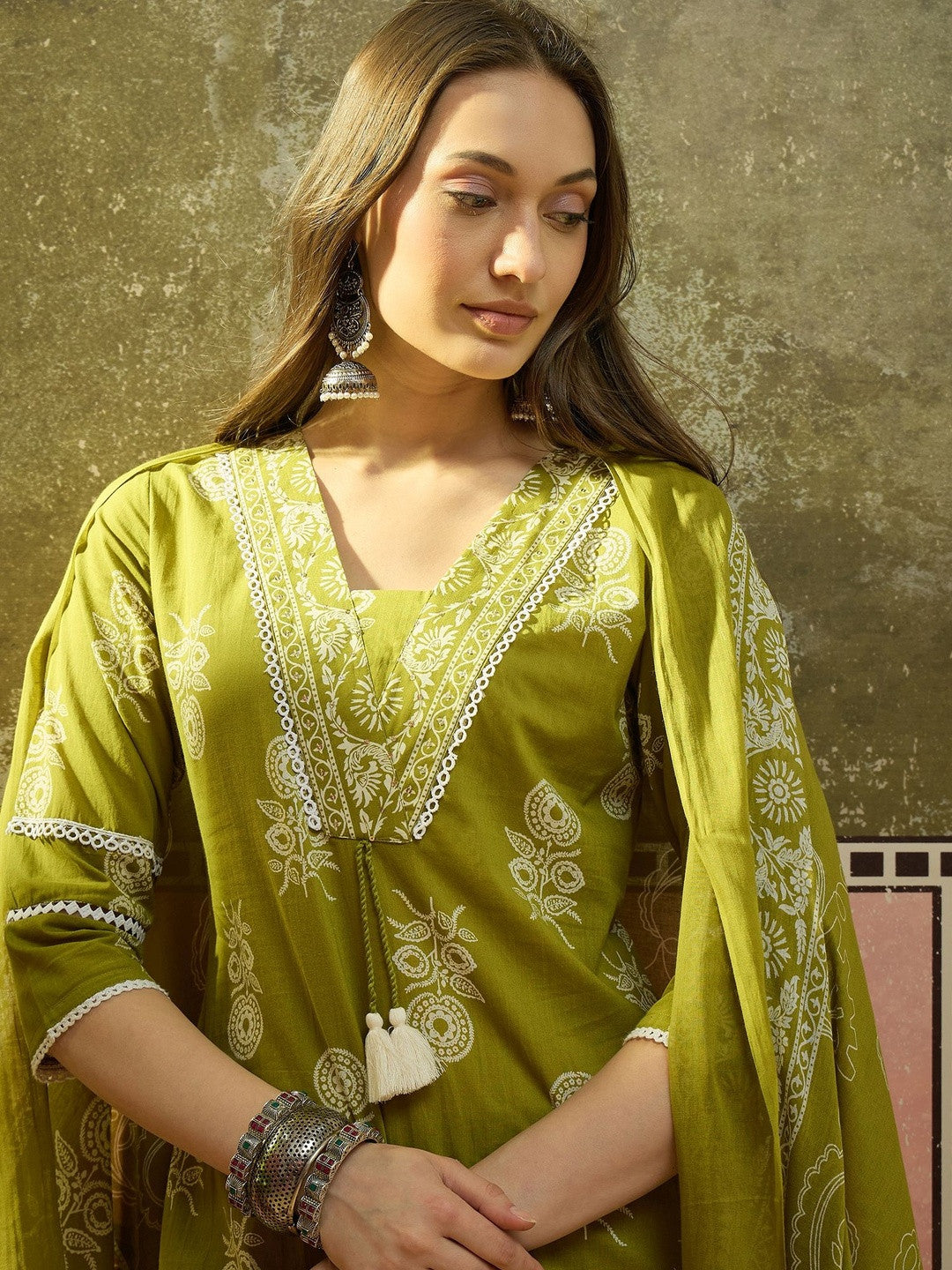 Embroidered Pure Cotton V-Neck Top & Trousers With Dupatta
