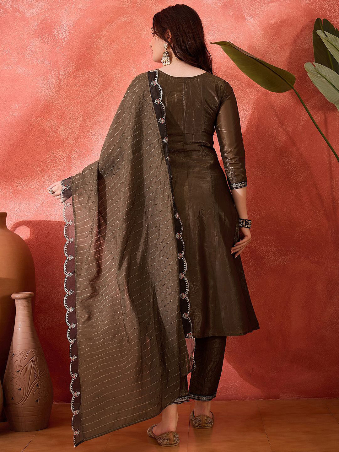 Floral Yoke Design Round Neck Sequinned A-Line Kurta With Trousers & Dupatta