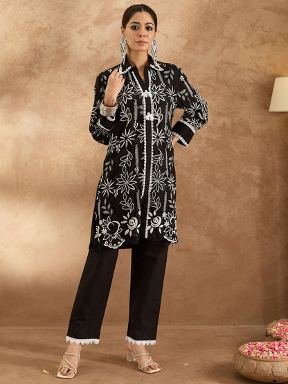 Dhiyona IE Women Floral Embroidered Regular Thread Work Pure Cotton Kurta with Trousers