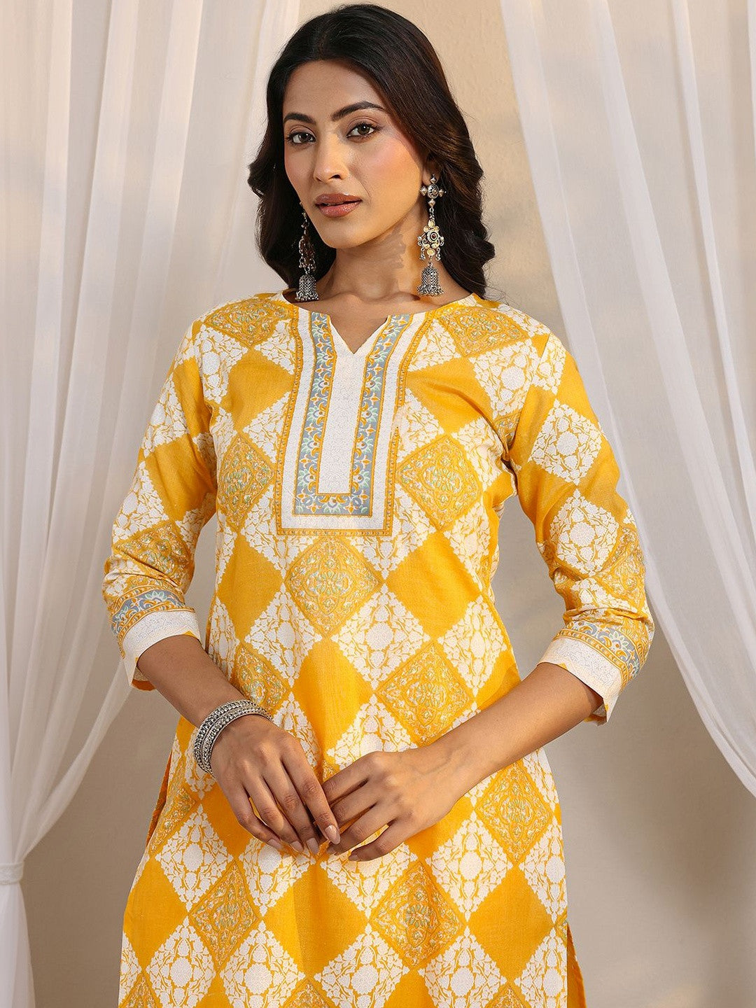 Libas Yellow Geometric Printed Straight Suit Set with Dupatta