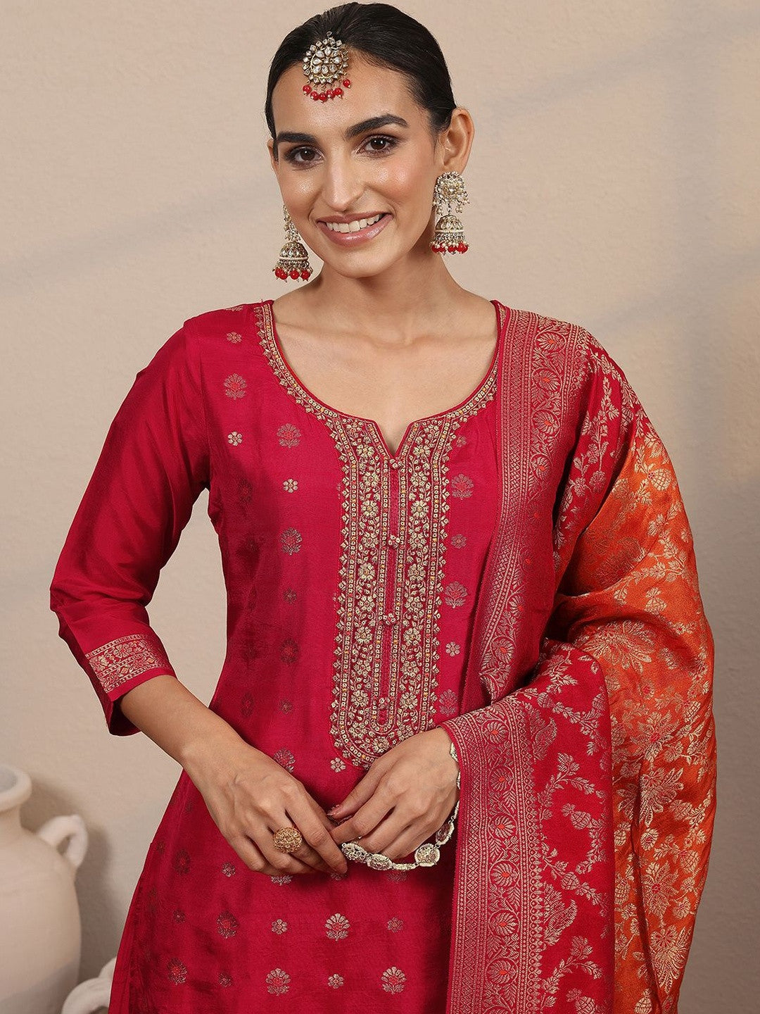 Woven Design A-Line Notch Neck Kurta With Trouser And Dupatta
