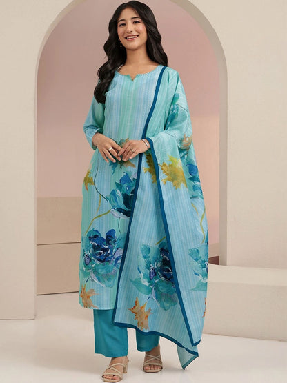 Sky Blue Floral Printed Muslin Straight Suit Set
