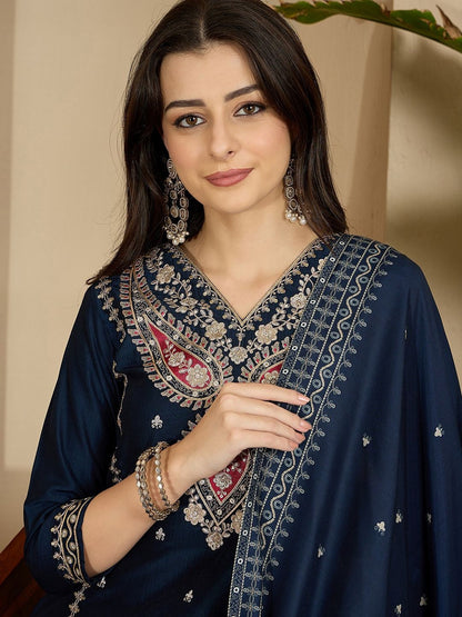 Embroidered V- Neck Straight Kurta & Trousers With Dupatta