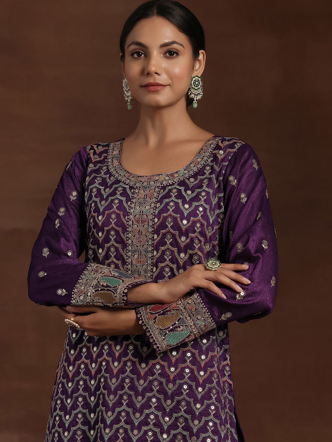 Dhiyona LL Ethnic Motifs Embroidered Sequinned Straight Kurta With Palazzos And Dupatta