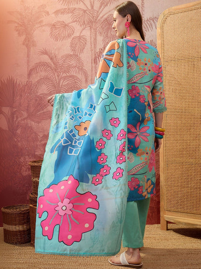 Floral Printed Round Neck Lace Hem Kurta & Trousers With Dupatta