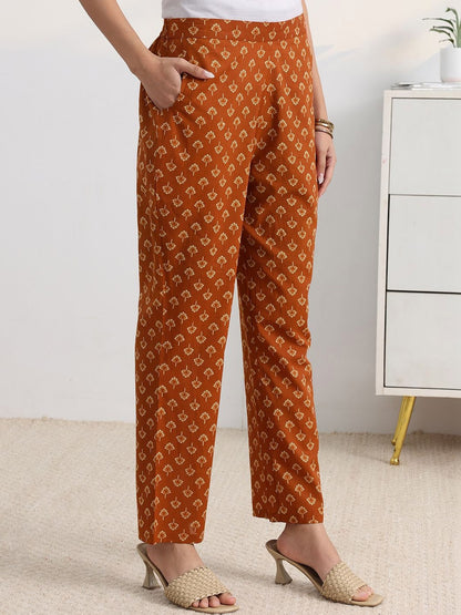 Libas Rust Floral Print A-Line Suit Set with Dupatta