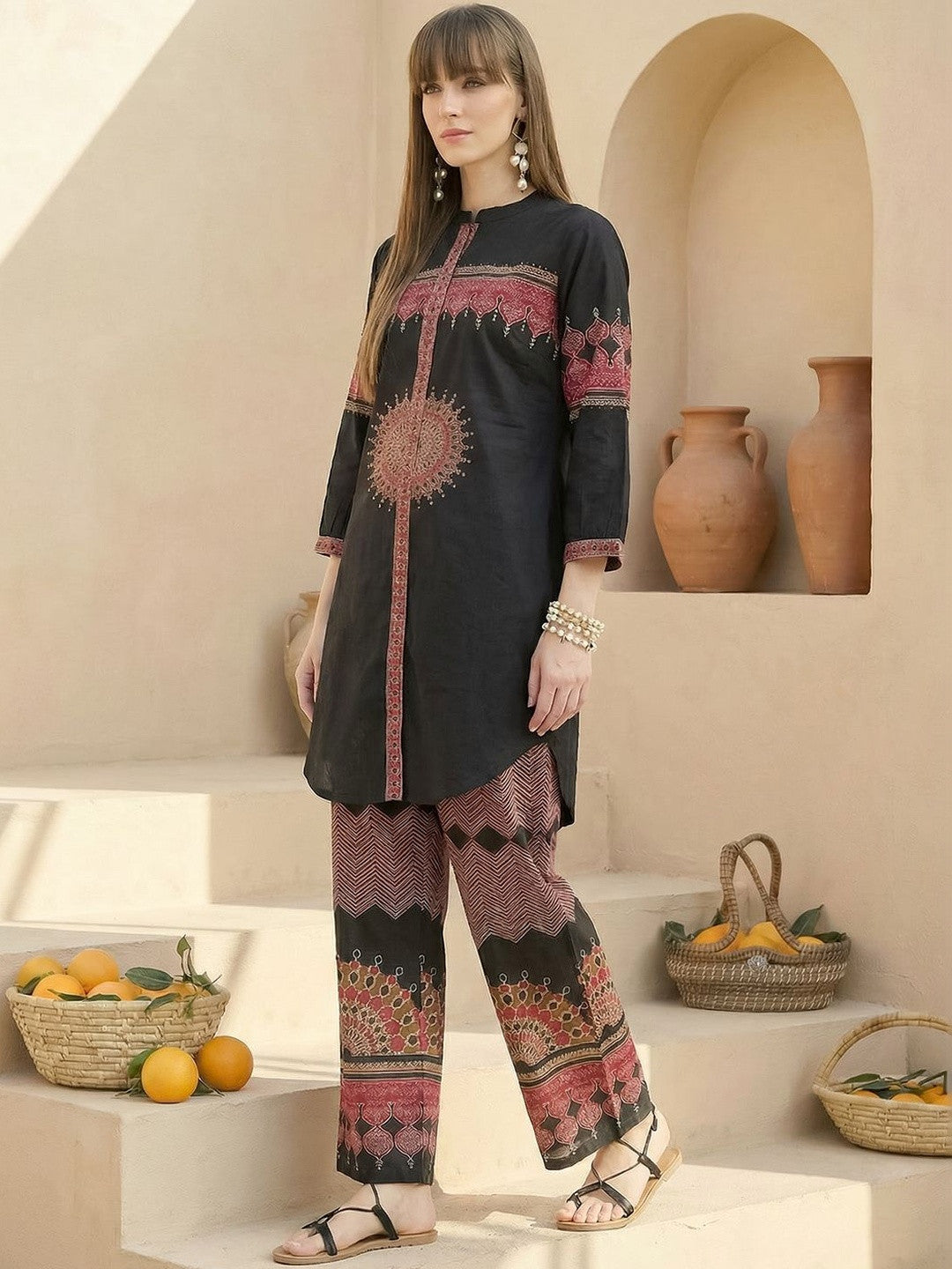 Women Ethnic Motifs Printed Regular Beads and Stones Pure Cotton Kurta with Palazzos