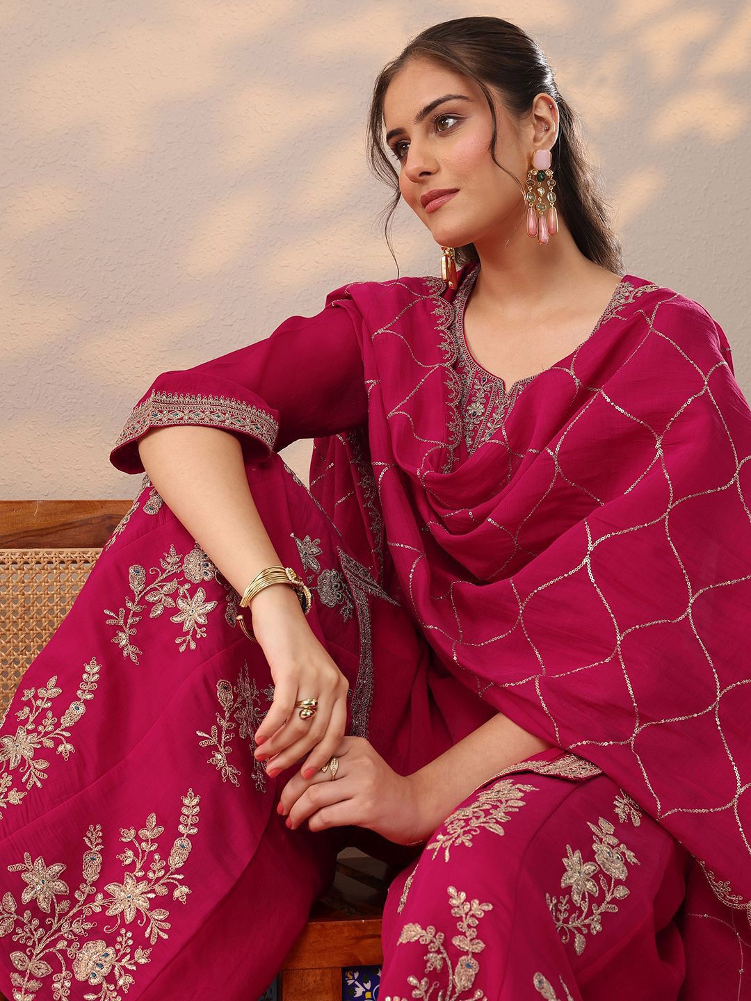 Dhiyona LL Women Ethnic Motifs Embroidered Regular Thread Work Kurta with Palazzos & Dupatta