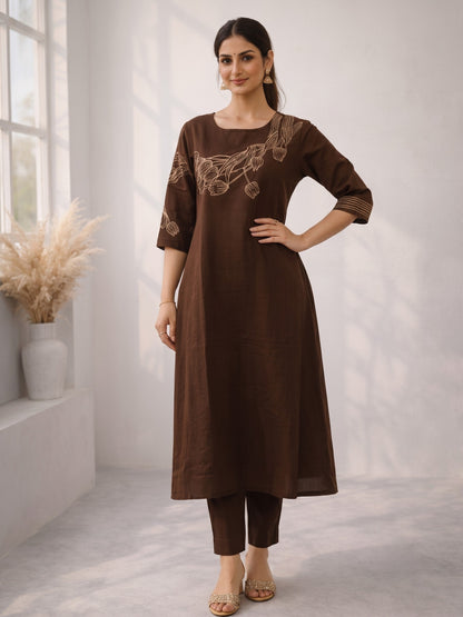 Mishka Coffee Embroidered Kurta Pant Set
