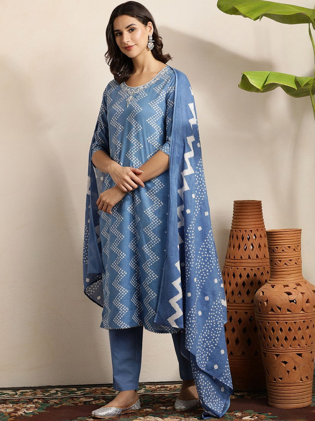 Bandhani Printed Beads And Stones Pure Cotton Kurta With Trousers & Dupatta