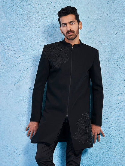 Men's Black Imported Suiting Lycra Straight Sherwani Only Top