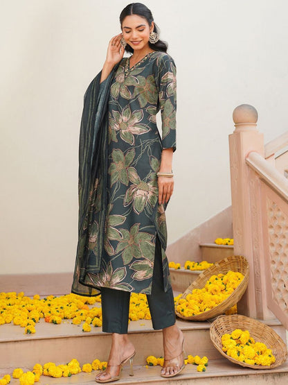 Dhiyona KL Floral Printed V-Neck Straight Kurta With Trousers And Dupatta