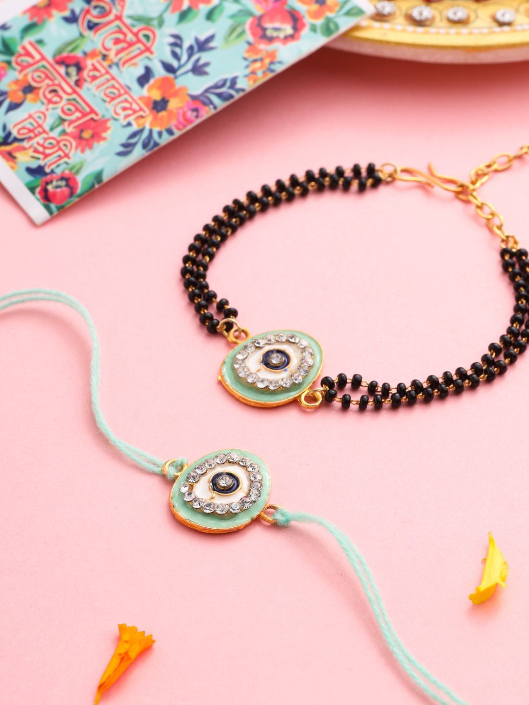 Dhiyona Set Of 2 Green Round Shape Artificial Stones Bhaiya Bhabhi Rakhi With Roli Chawal