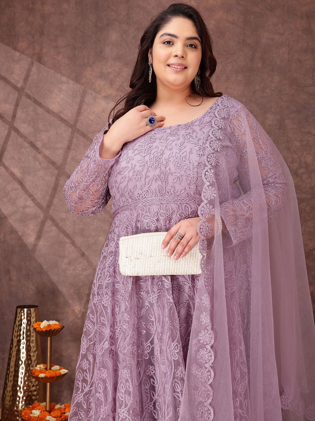 Dhiyona IN Women Floral Embroidered Empire Thread Work Kurta with Trousers & Dupatta