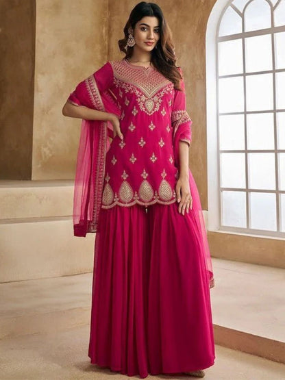 Dhiyona KL Women Ethnic Motifs Embroidered Regular Thread Work Kurti with Palazzos & Dupatta