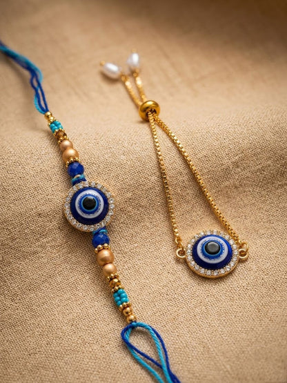 Dhiyona Set Of 2 Blue Evil Eye Gold Toned Bhaiya Bhabhi Rakhi