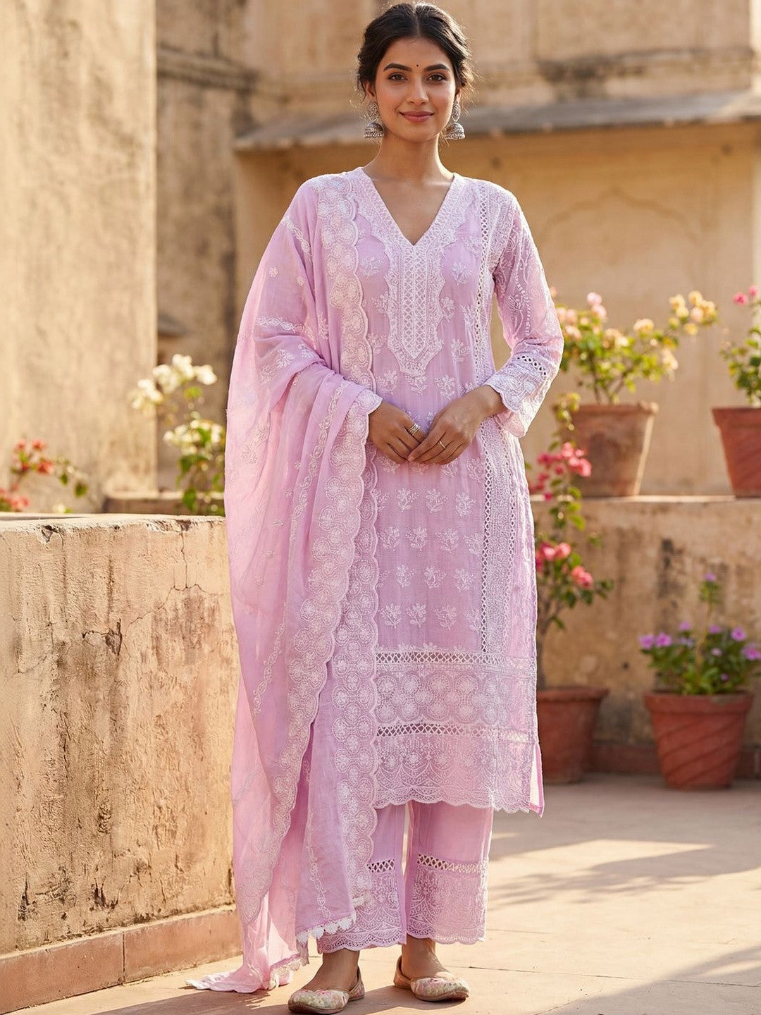 Women Ethnic Motifs Embroidered Regular Thread Work Pure Cotton Kurta with Trousers & With Dupatta