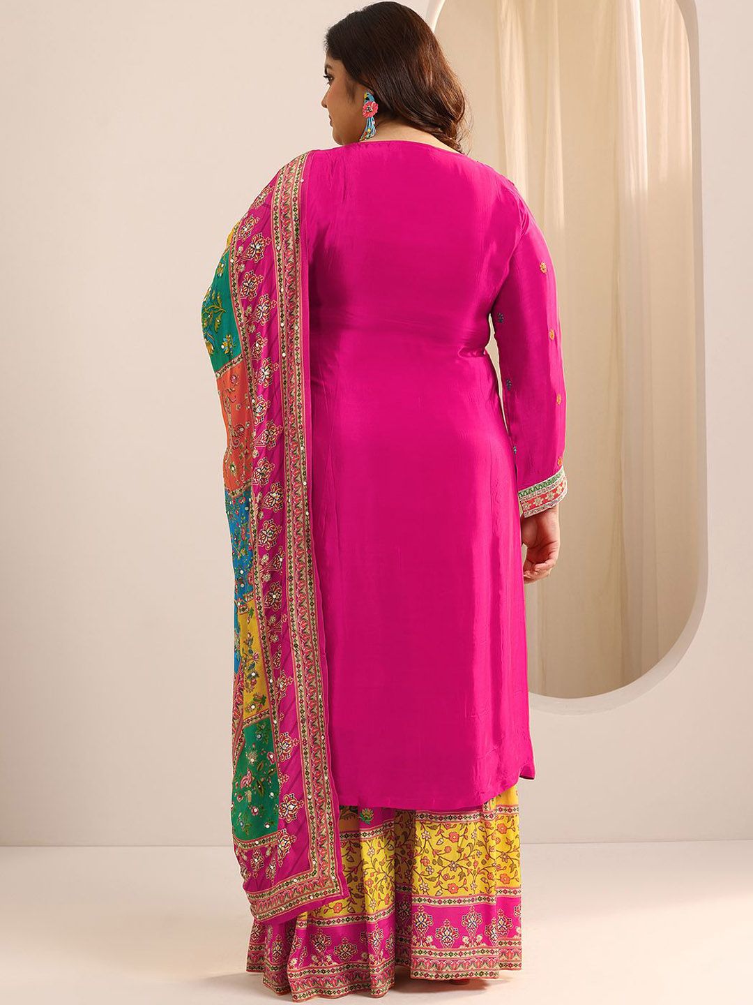 Dhiyona Women's Plus Size Ethnic Motifs Embroidered Kurta with Sharara & Dupatta