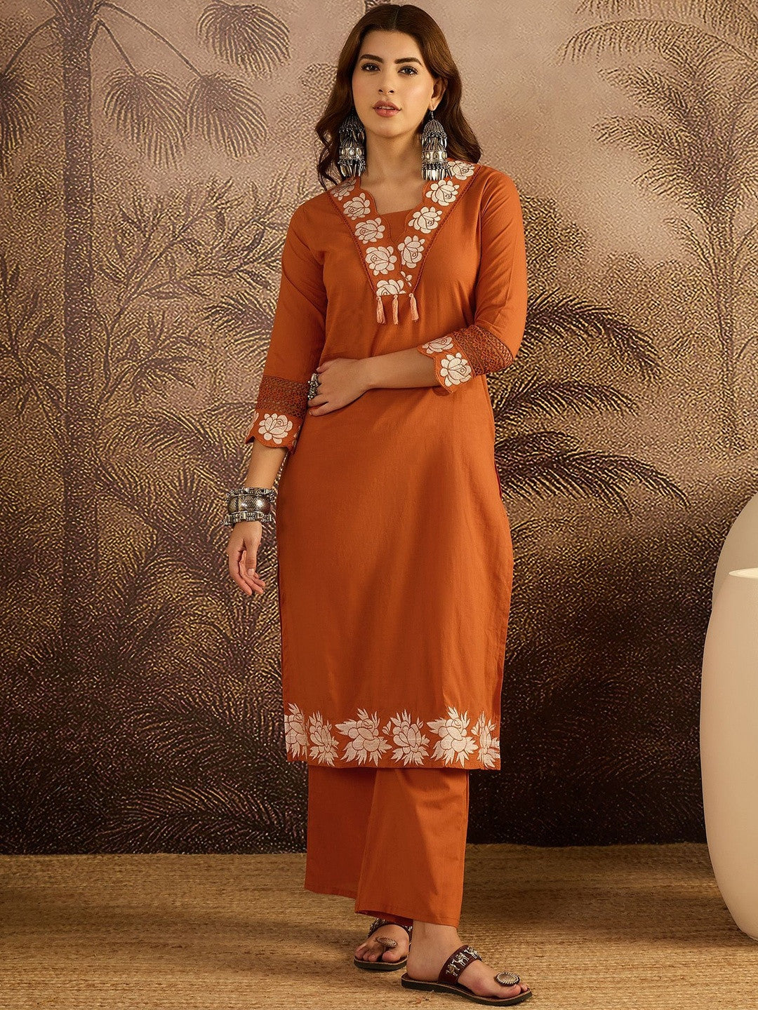Embroidered Cotton Kurta with Trousers & Dupatta Set