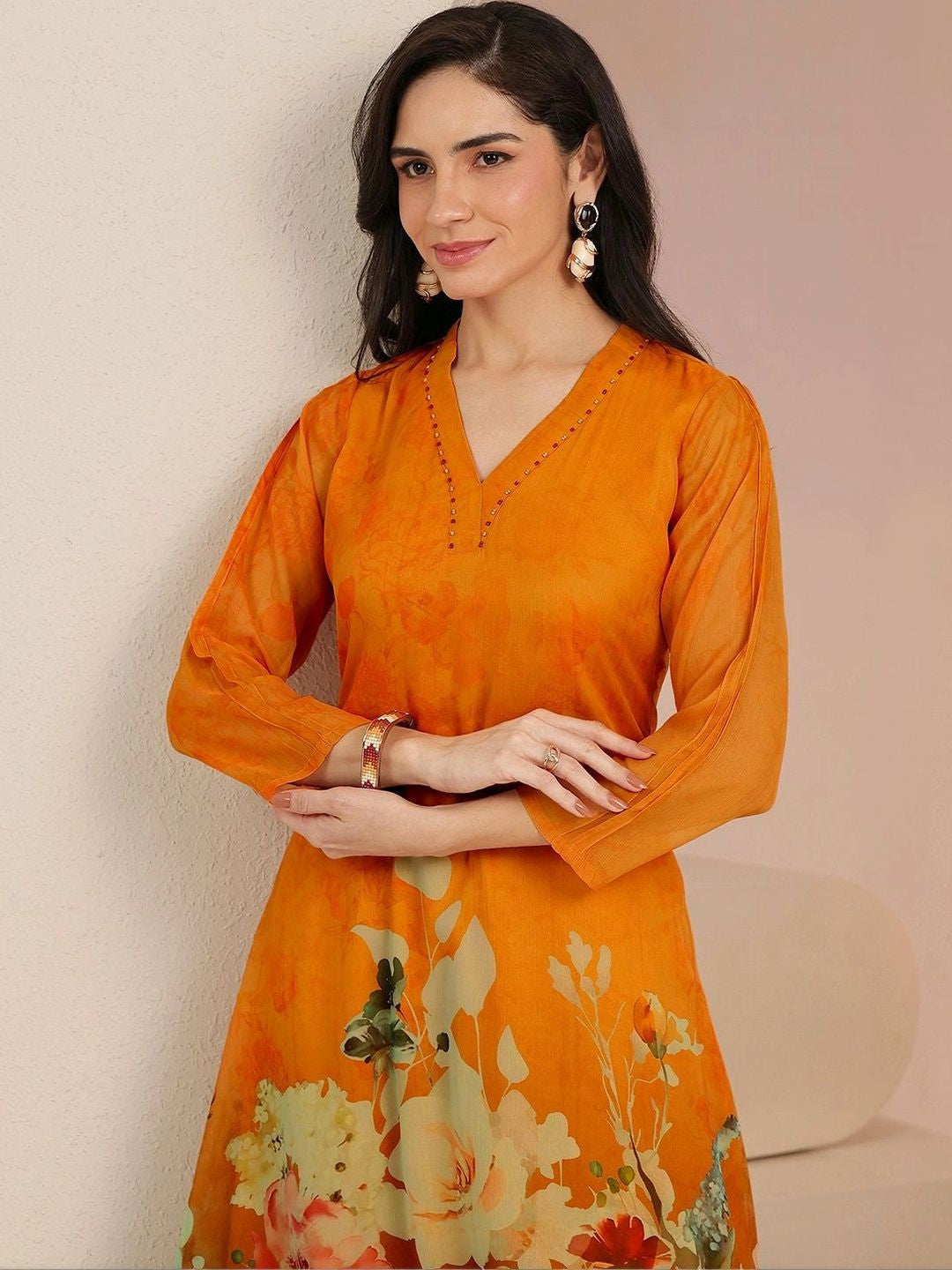 Orange Floral Printed Chiffon High Low Kurta Set